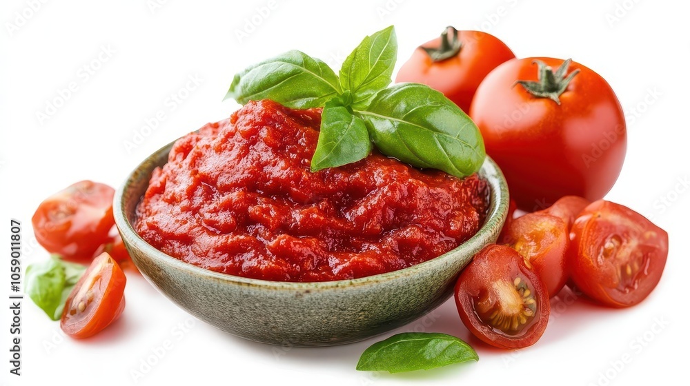 rich tomato paste smeared with chunks of fresh vegetables, showcasing its organic texture against a pristine white background, emphasizing freshness and flavor rich tomato paste smeared with chunks of fresh vegetables, showcasing its organic texture against a pristine white background, emphasizing freshness and flavor