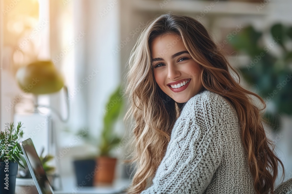 A beautiful woman with long wavy hair sits at her modern home office desk, smiling warmly as she types on her laptop. Soft natural light fills the space, enhancing the cozy atmosphere of the minimalis A beautiful woman with long wavy hair sits at her modern home office desk, smiling warmly as she types on her laptop. Soft natural light fills the space, enhancing the cozy atmosphere of the minimalis