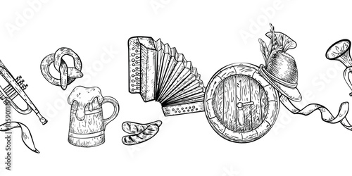 Beer festival seamless border black white vector isolated. Wooden barrel, tankard beer, pretzel monochrome banner Oktoberfest. German hat, musical instruments hand drawn on repeated texture.