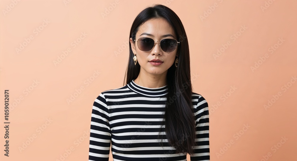Asian Woman with Long Silky Hair in Striped Top and Sunglasses on Soft Peach Background Asian Woman with Long Silky Hair in Striped Top and Sunglasses on Soft Peach Background
