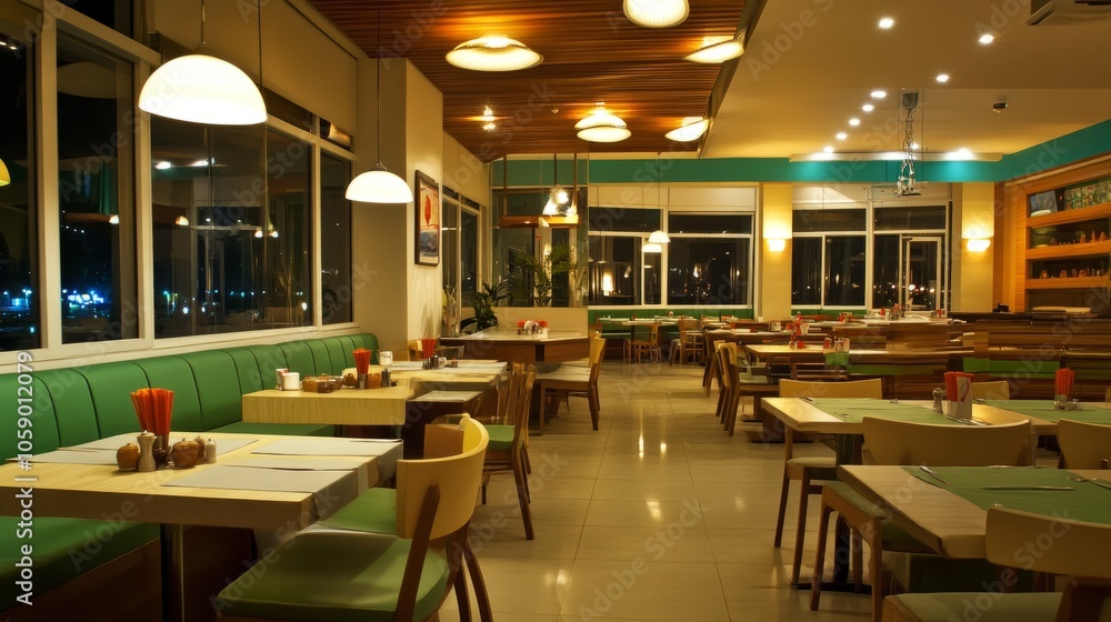 Stylish restaurant interior with green and white decor, spacious seating, and warm lighting, creating a family-friendly atmosphere Stylish restaurant interior with green and white decor, spacious seating, and warm lighting, creating a family-friendly atmosphere