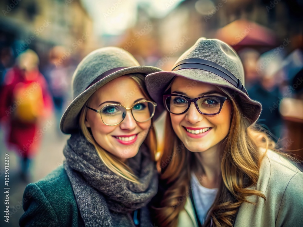 Smiling faces, framed by hats and glasses, come alive in a captivating tilt-shift photograph. Smiling faces, framed by hats and glasses, come alive in a captivating tilt-shift photograph.