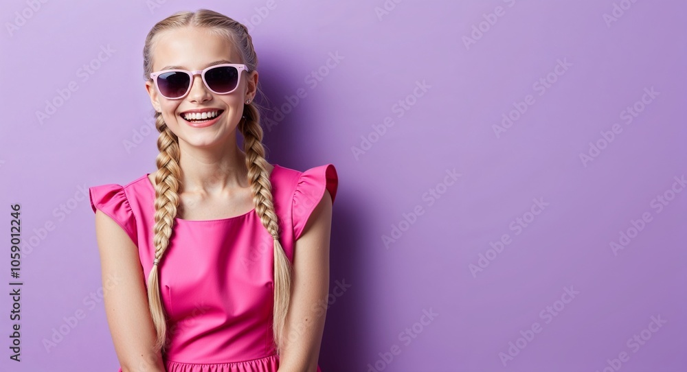 Blonde Girl with Braids Grinning in Pink Dress and Sunglasses on Lavender Background Blonde Girl with Braids Grinning in Pink Dress and Sunglasses on Lavender Background