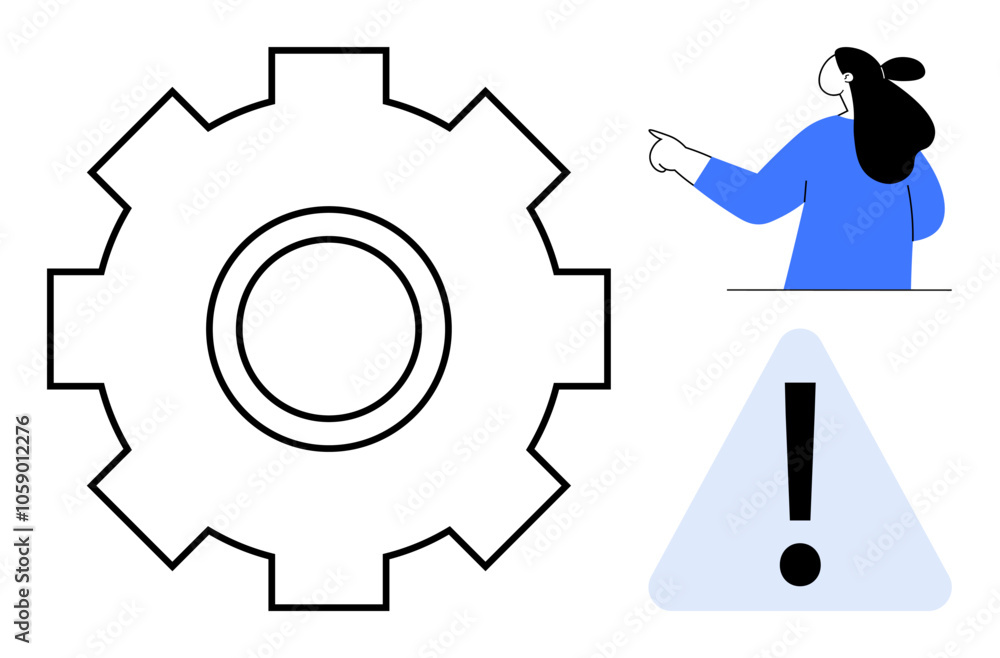 Woman in blue pointing at settings gear and exclamation mark in a warning triangle. Ideal for technology, maintenance, technical troubleshooting, notifications, and user error alerts. Modern minimal Woman in blue pointing at settings gear and exclamation mark in a warning triangle. Ideal for technology, maintenance, technical troubleshooting, notifications, and user error alerts. Modern minimal