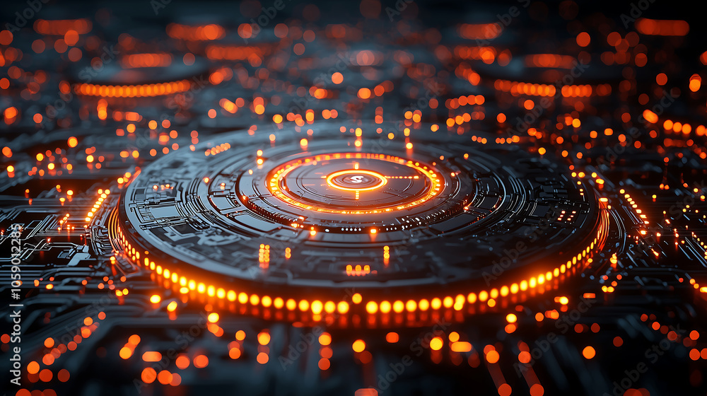 Futuristic technology concept with abstract digital circuits and glowing orange lights. This showcases high tech environment filled with intricate patterns and vibrant illumination Futuristic technology concept with abstract digital circuits and glowing orange lights. This showcases high tech environment filled with intricate patterns and vibrant illumination