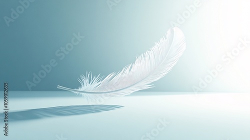 A single white feather floats gently on a soft blue background, casting a long shadow. Generative ai