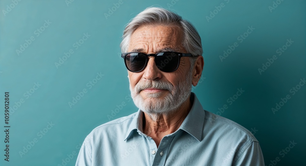 Obraz premium Elderly Man with Gray Beard in Buttoned Shirt and Sunglasses on Teal Background
