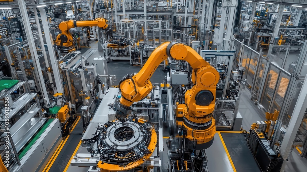 robotic arm diligently assembling products on a modern manufacturing line, surrounded by bright lighting and advanced machinery, showcasing industry innovation robotic arm diligently assembling products on a modern manufacturing line, surrounded by bright lighting and advanced machinery, showcasing industry innovation