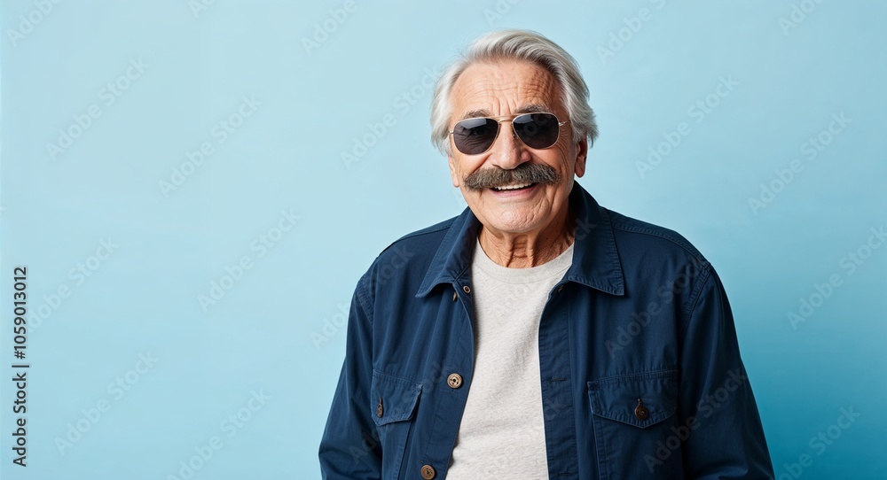 Elderly Man with Moustache Smiling in Casual Jacket and Sunglasses on Light Blue Background Elderly Man with Moustache Smiling in Casual Jacket and Sunglasses on Light Blue Background
