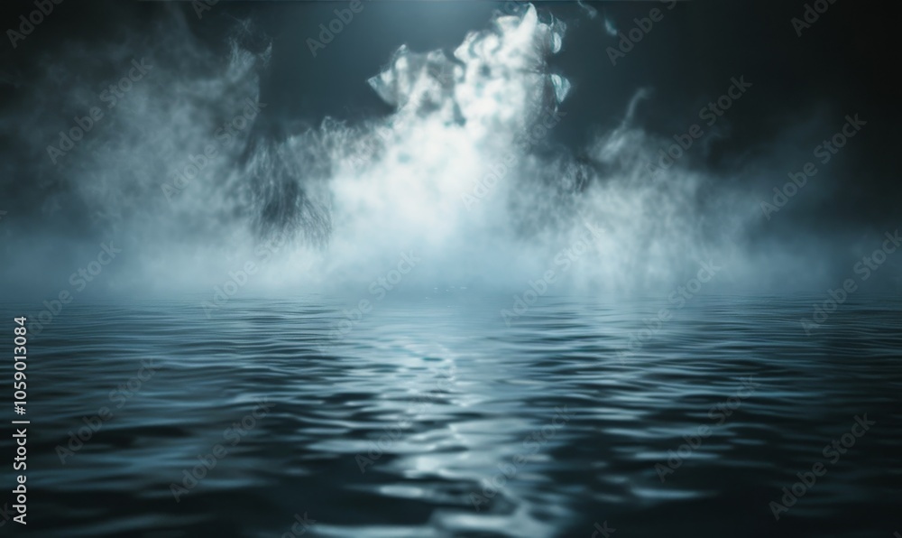 Fototapeta premium Dark Blue Fog Over Rippling Water Surface at Night