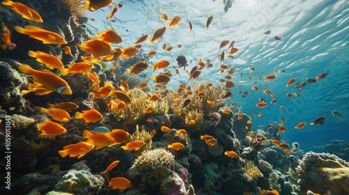 A Vibrant Underwater Scene with Orange Fish and Coral Reef