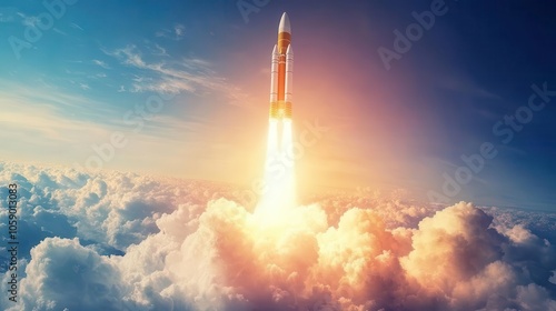 rocket soaring through vibrant clouds, symbolizing innovation and ambition, exuding a sense of powerful launch and forward momentum, with a bright blue sky backdrop