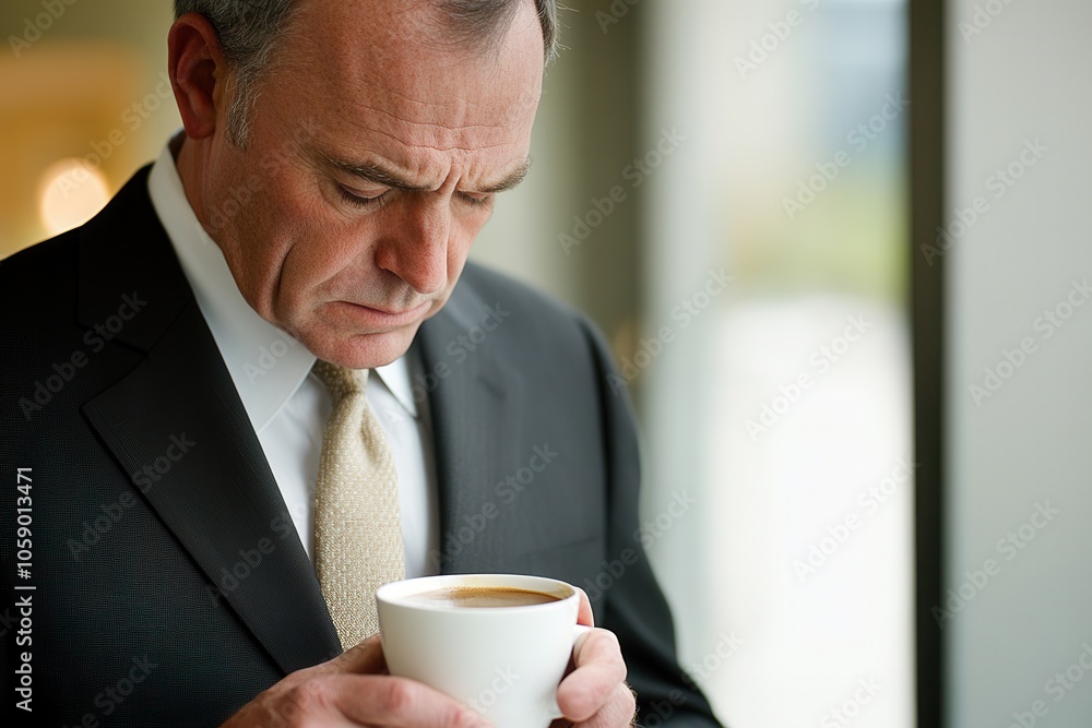 A businessman dressed in a formal suit stands in an empty office, holding a coffee cup and looking down with a sad expression. Natural light filters through the window, creating a contemplative atmosp A businessman dressed in a formal suit stands in an empty office, holding a coffee cup and looking down with a sad expression. Natural light filters through the window, creating a contemplative atmosp
