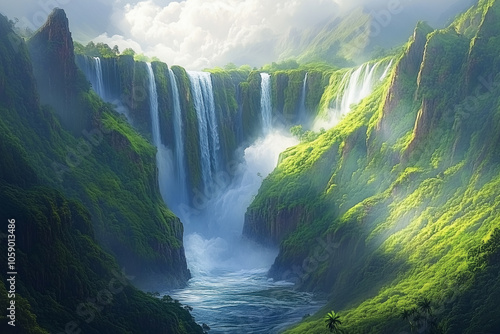 A waterfall with mist in the mountains churning with dense tropical foliage