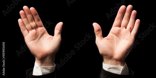 Open hands expressing welcome or surrender, isolated on a black background.