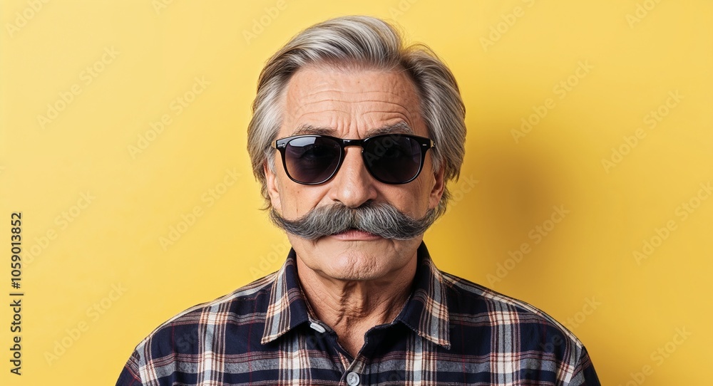 Older Man with Gray Moustache in Plaid Shirt and Sunglasses on Yellow Background Older Man with Gray Moustache in Plaid Shirt and Sunglasses on Yellow Background