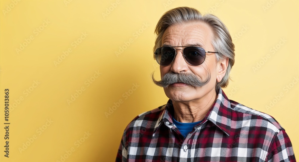Older Man with Gray Moustache in Plaid Shirt and Sunglasses on Yellow Background Older Man with Gray Moustache in Plaid Shirt and Sunglasses on Yellow Background
