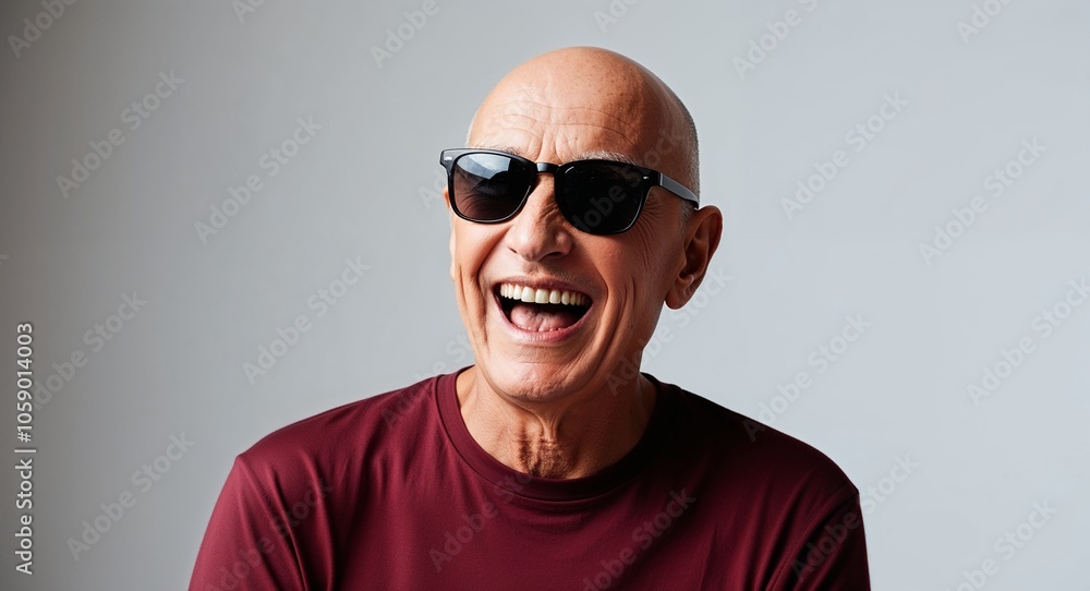 Senior Man with Bald Head Laughing in tshirt and Sunglasses on White Background Senior Man with Bald Head Laughing in tshirt and Sunglasses on White Background
