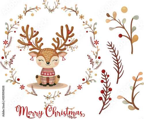 Christmas cute reindeer and elements. Vector illustrations