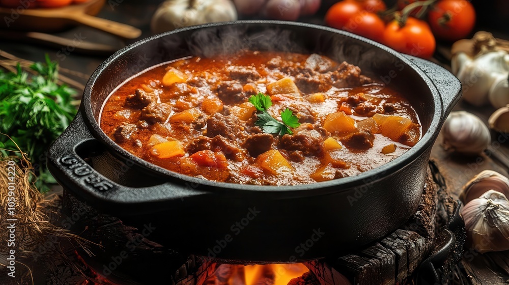 rustic hungarian goulash bubbling in a cast iron pot over an open flame, surrounded by fresh ingredients that evoke traditional campfire cooking rustic hungarian goulash bubbling in a cast iron pot over an open flame, surrounded by fresh ingredients that evoke traditional campfire cooking