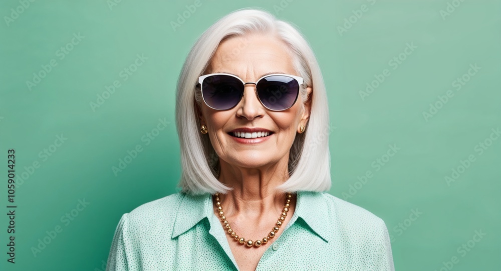 Senior Woman with Straight White Hair in Blouse and Sunglasses on Mint Background