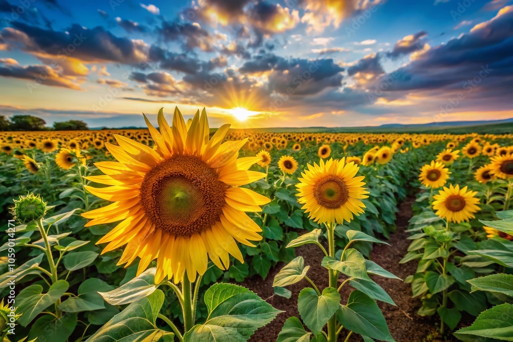 Obraz premium Sun-kissed sunflowers, arranged by the Rule of Thirds, create a vibrant field.