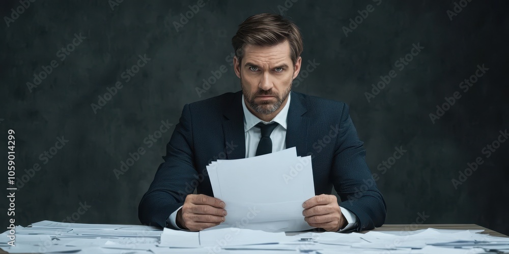 Serious businessman analyzing documents at his desk, focused and determined expression, papers scattered around. Serious businessman analyzing documents at his desk, focused and determined expression, papers scattered around.