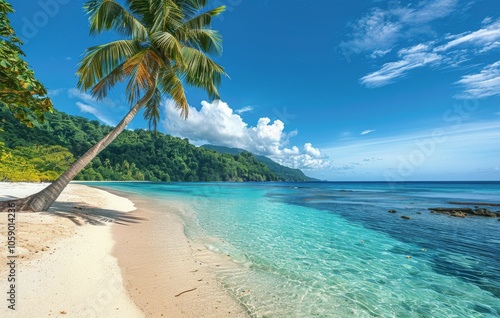 Tropical Beach Paradise With Palm Tree and Lush Green Landscape