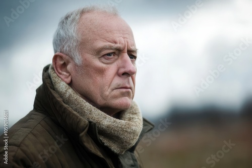 A senior man stands outdoors, gazing off into the distance with a somber expression. His worn clothing suggests a rugged lifestyle, and the cloudy sky reflects an atmosphere of loneliness and contempl photo