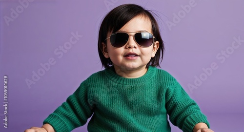 Toddler with Straight Dark Hair in Green Jumper and Sunglasses on Lavender Background