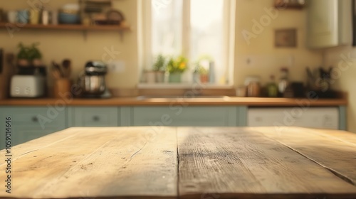 rustic wooden table stands in focus, set against a softly blurred kitchen background. the warm tones of the wood contrast with the gentle pastel hues of the cooking space