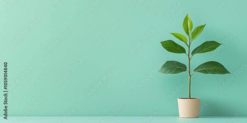 Small potted plant with green leaves on a pastel mint background, perfect for home decor and interior design. Small potted plant with green leaves on a pastel mint background, perfect for home decor and interior design.