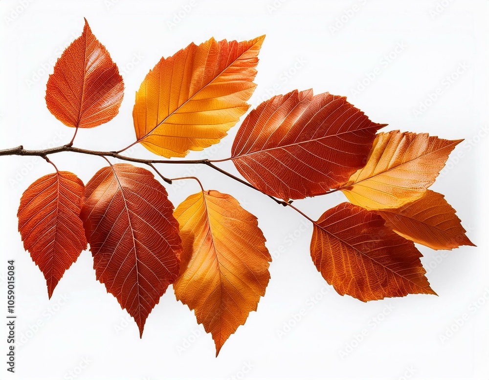 Obraz premium Autumn fall leaves on a branch isolated on transparent or white background