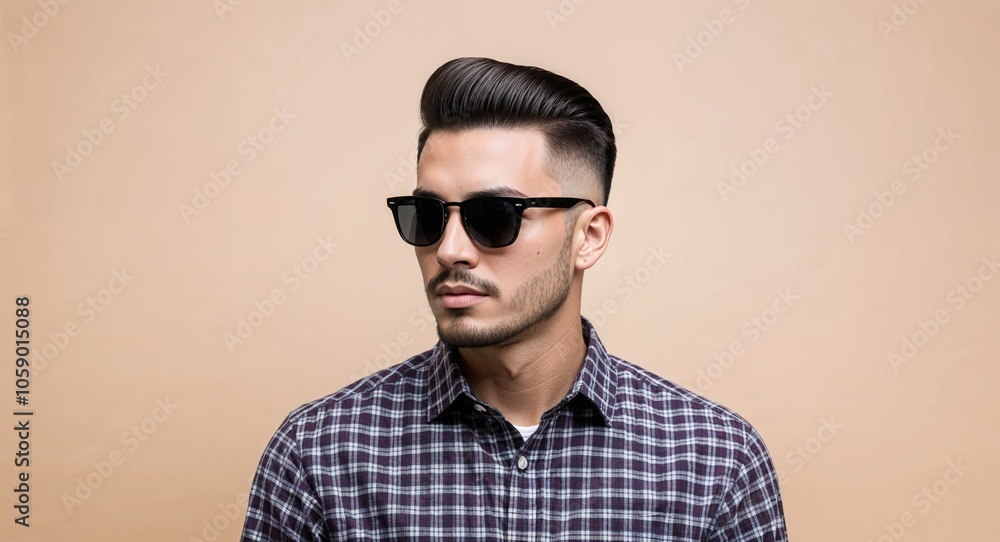 Young Man with Neat Side Part in Checkered Shirt and Sunglasses on Beige Background Young Man with Neat Side Part in Checkered Shirt and Sunglasses on Beige Background