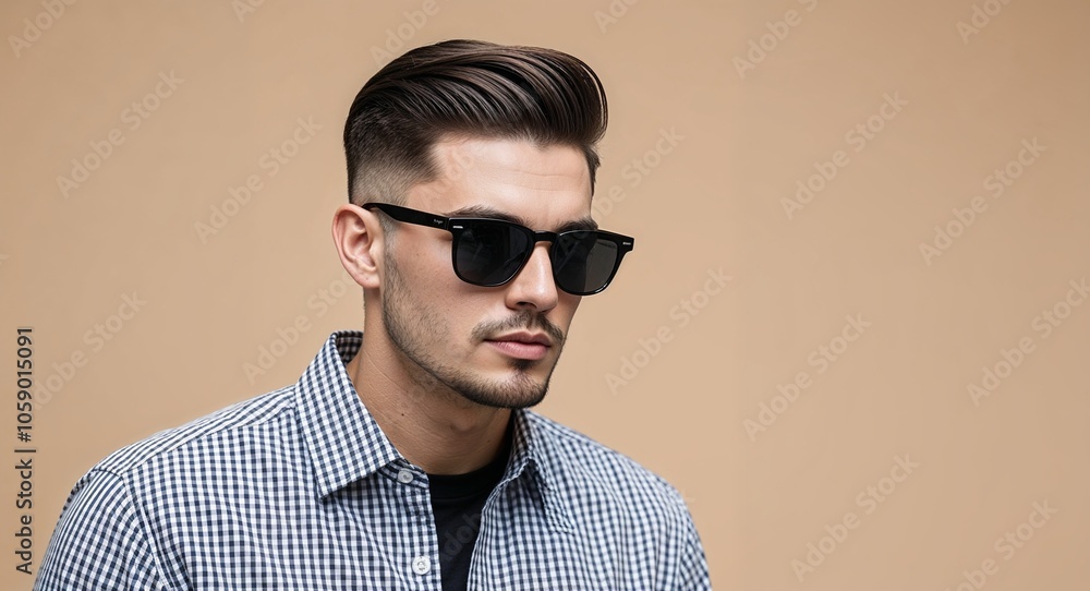 Fototapeta premium Young Man with Neat Side Part in Checkered Shirt and Sunglasses on Beige Background