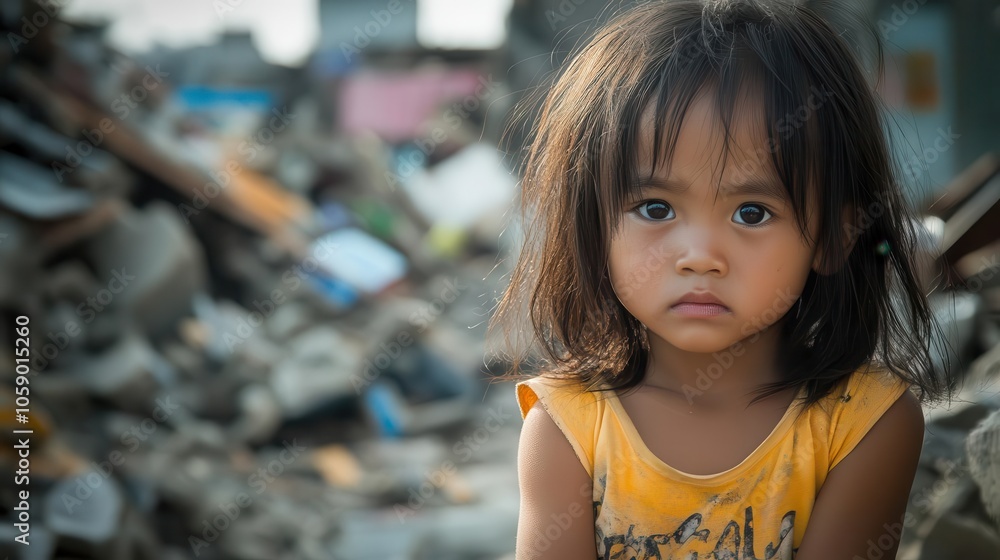 sad little child with a forlorn expression, embodying themes of poverty and hardship against a backdrop of urban destruction, highlighting social issues and resilience sad little child with a forlorn expression, embodying themes of poverty and hardship against a backdrop of urban destruction, highlighting social issues and resilience