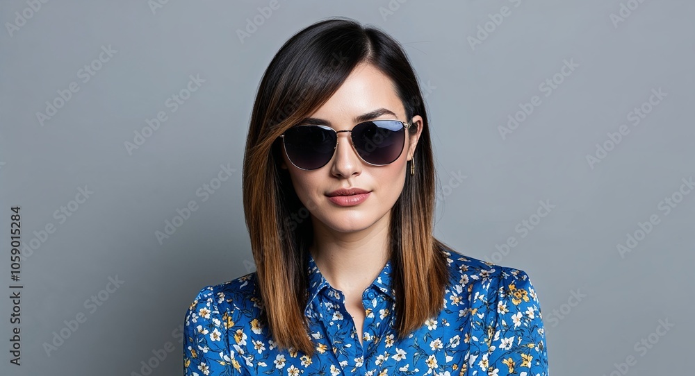 Young Woman with Side Parted Hair in Blue Floral Blouse and Sunglasses on Soft Gray Background Young Woman with Side Parted Hair in Blue Floral Blouse and Sunglasses on Soft Gray Background