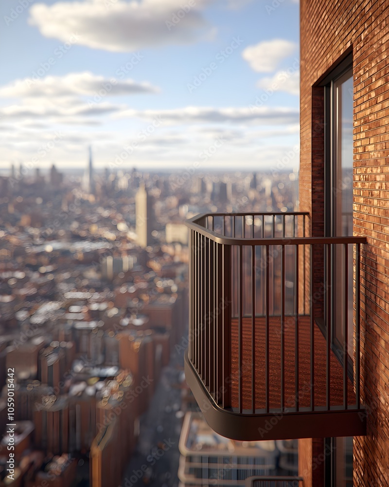 Fototapeta premium Urban balcony view overlooking a bustling cityscape