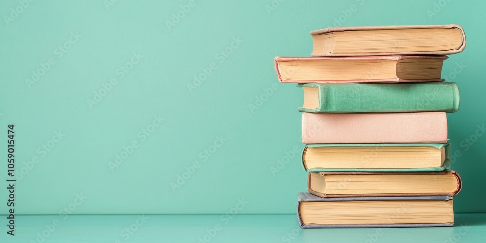 Stack of colorful books on a mint green background, ideal for educational or literary themes. Stack of colorful books on a mint green background, ideal for educational or literary themes.