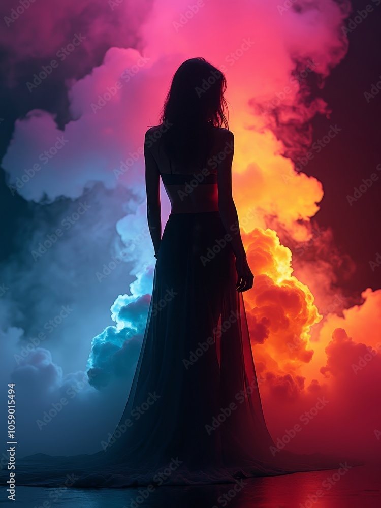 Enigmatic silhouette of woman amidst vibrant and colorful smoke clouds Enigmatic silhouette of woman amidst vibrant and colorful smoke clouds