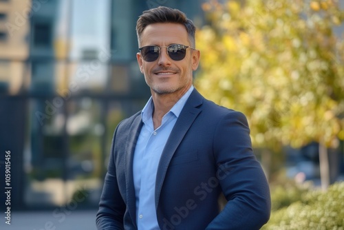 A well dressed man stands confidently in a suit with sunglasses, posing in front of a modern business center. His professional demeanor and relaxed posture convey a sense of style and authority in an 