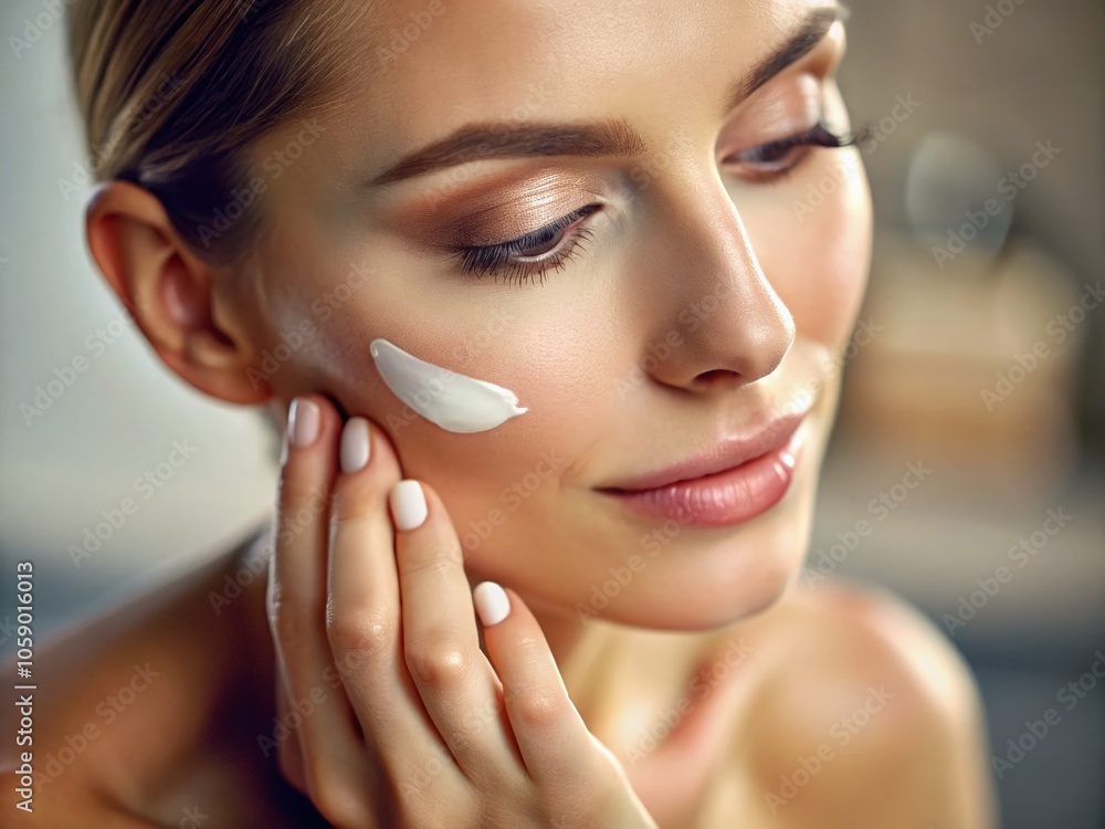 The camera focuses on her hands, meticulously smoothing on facial cream. The camera focuses on her hands, meticulously smoothing on facial cream.