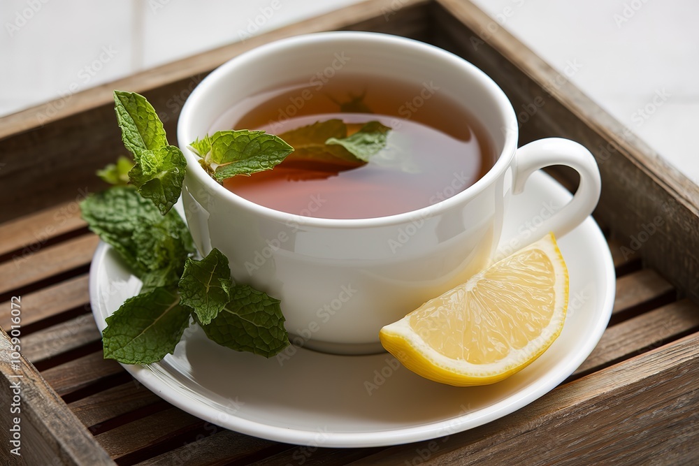 A white cup filled with tea with fresh mint leaves and a lemon wedge A white cup filled with tea with fresh mint leaves and a lemon wedge