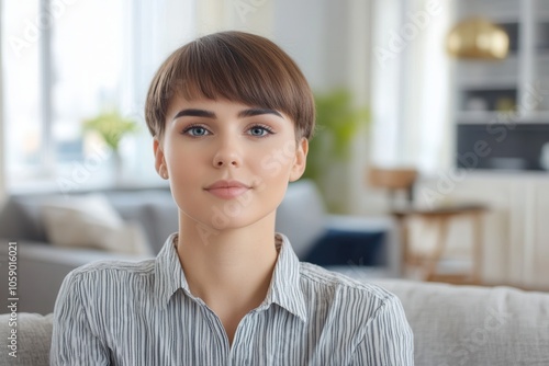 A woman with a modern short haircut faces the camera with confidence, surrounded by a stylish minimalist interior. Her expression radiates poise and self assurance, highlighting a contemporary lifesty photo