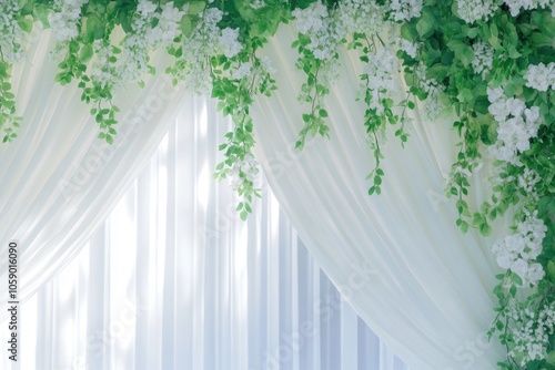 This is a wedding decoration with an arch made of fabric panels that are adorned with white flowers. The drapes fall from the ceiling to the floor, creating a luxurious and elegant backdrop