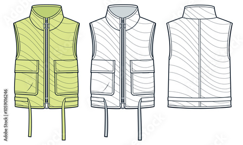 Down Vest Jacket technical fashion Illustration. Sleevless Jacket fashion flat technical drawing template, patch pockets, zipper, front and back view, white, yellow, women, men, unisex CAD mockup set.