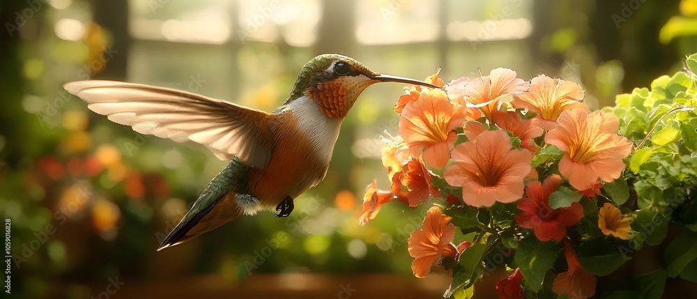 Naklejka premium A beautiful hummingbird hovering near vibrant orange flowers in a sunlit garden, showcasing its iridescent feathers and delicate wings in a serene, natural setting.