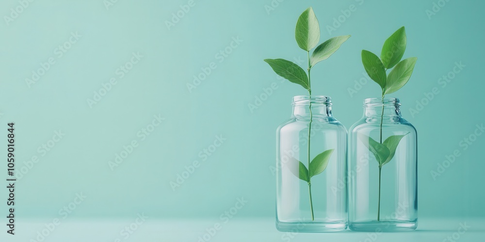 Three glass bottles with green leaves against a soft mint background, showcasing eco-friendly decor and nature. Three glass bottles with green leaves against a soft mint background, showcasing eco-friendly decor and nature.
