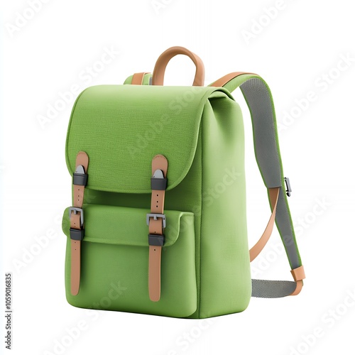 Green backpack with brown leather straps and buckles.