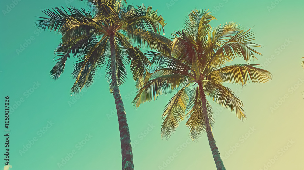 Obraz premium Tropical Palm Trees with Vintage Retro Tones: Beach Vibe Background